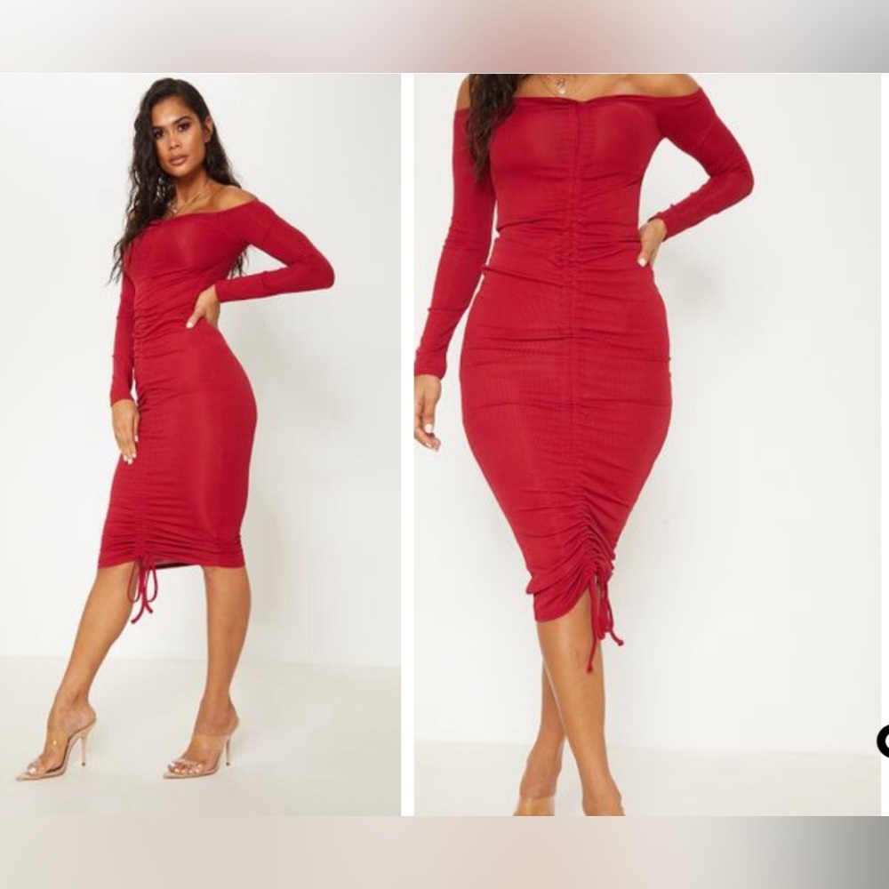 Burgundy red Ribbed Ruched Bardot Midi Dress